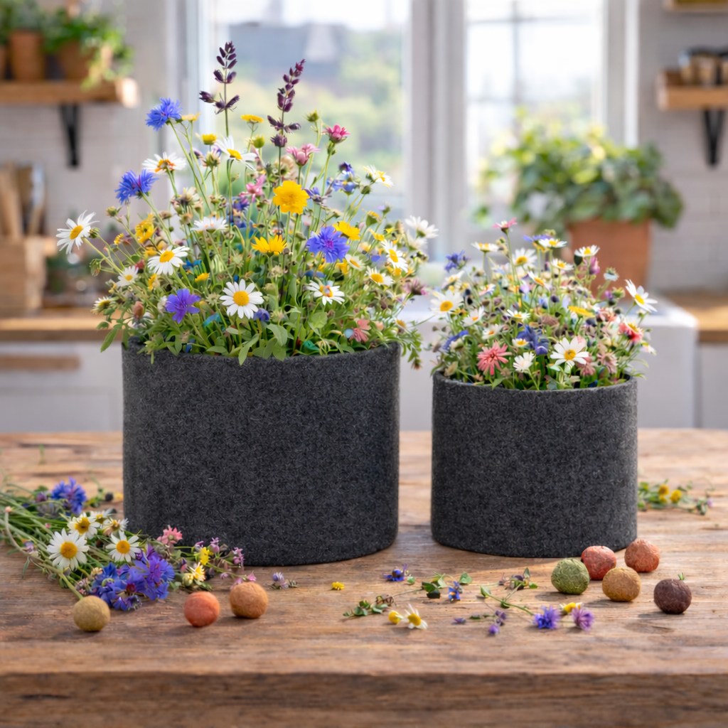 Pot en tissu rempli de fleurs sauvages colorées issues de bombes de graines, idéal pour balcon et jardin urbain. Image