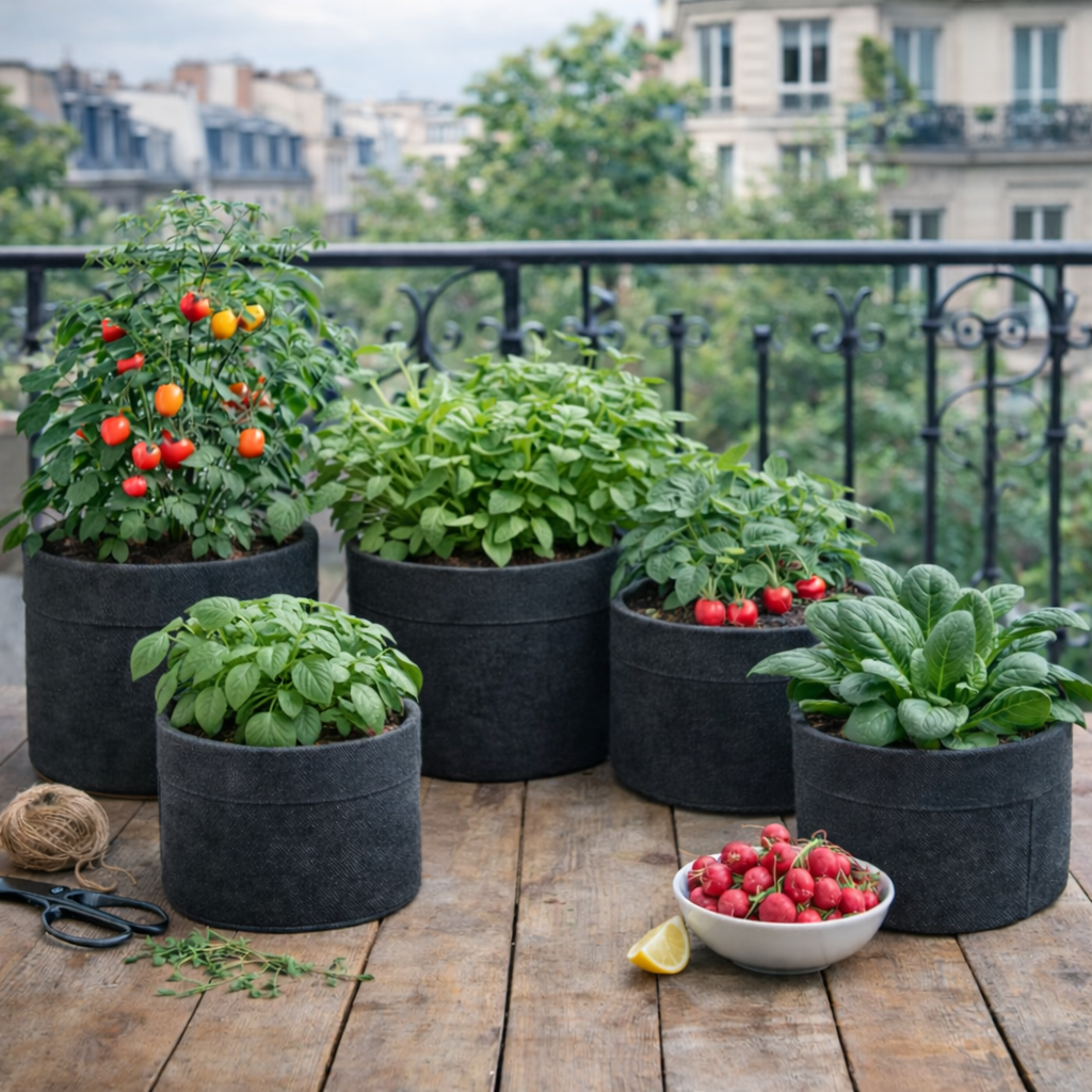 Pots potagers en tissu avec légumes et aromatiques cultivés en intérieur ou sur balcon. Image