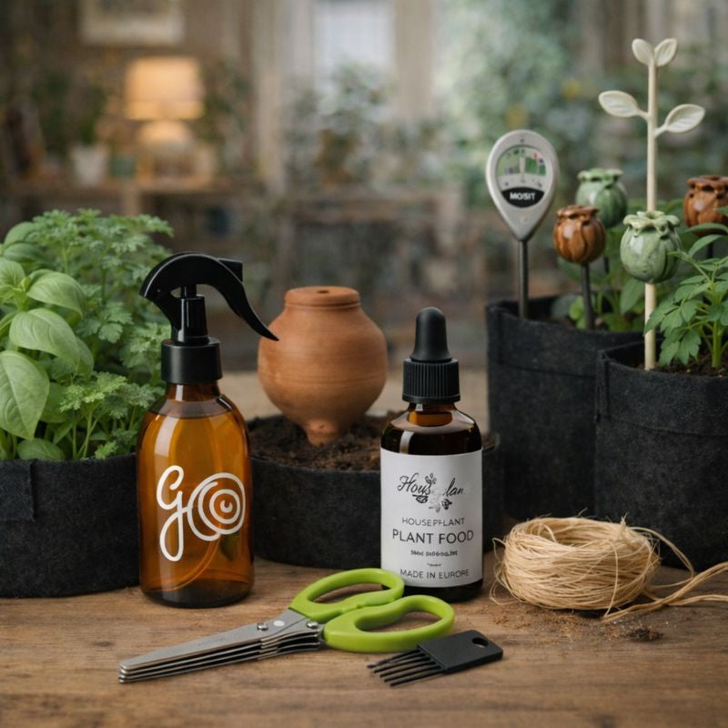 Accessoires et soins pour plantes d’intérieur : vaporisateur, engrais liquide, ciseaux, raphia et humidimètre pour un entretien naturel. Image