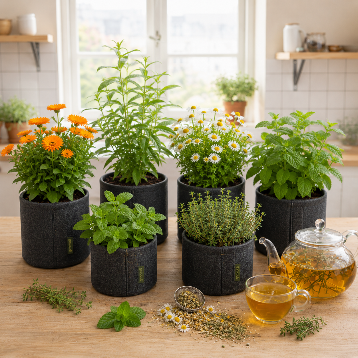 Plantes à tisanes cultivées en pots, menthe, camomille, lavande et thym pour infusions maison. Image