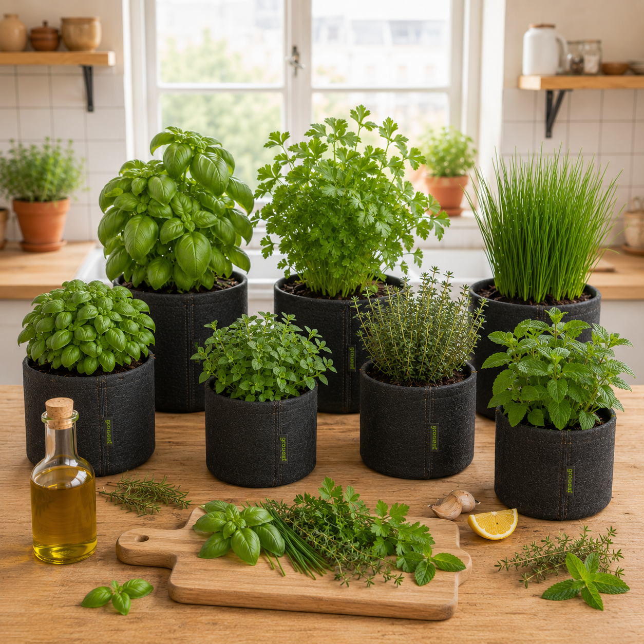 Herbes aromatiques en pots, basilic, menthe, romarin et thym cultivés en intérieur ou sur balcon. Image