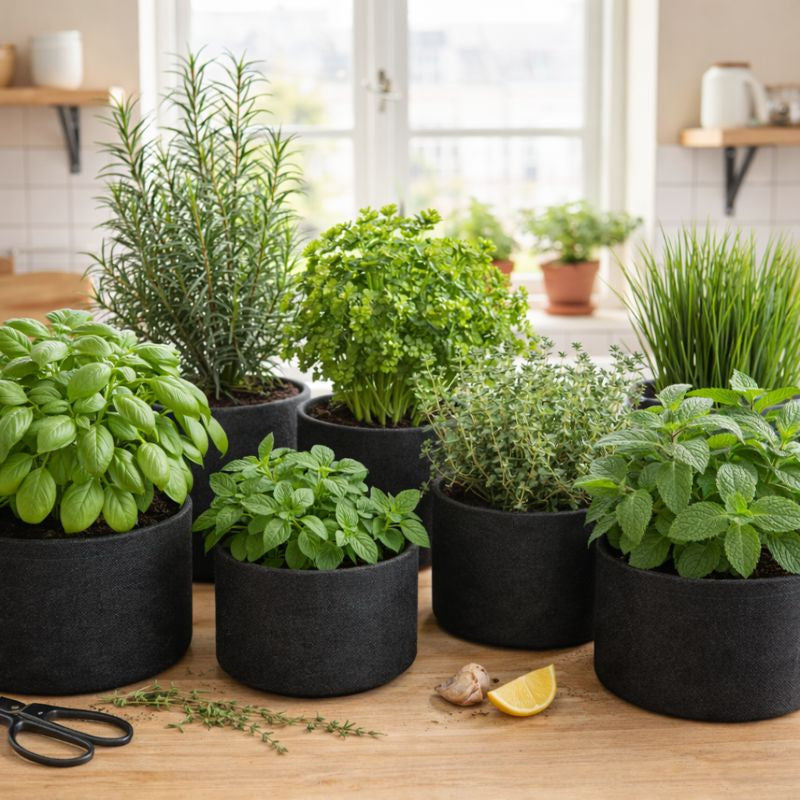Herbes aromatiques en pots, basilic, menthe, romarin et thym cultivés en intérieur ou sur balcon. Image