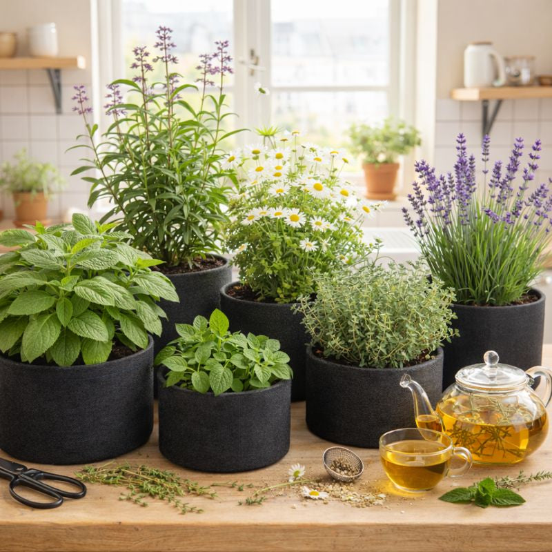 Plantes à tisanes cultivées en pots, menthe, camomille, lavande et thym pour infusions maison. Image