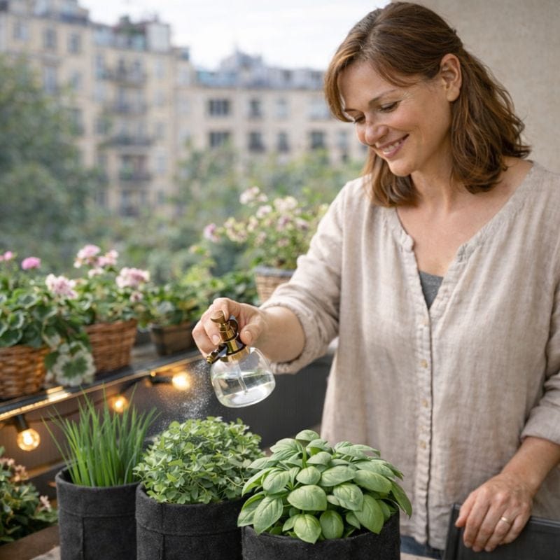 Femme arrosant des plantes aromatiques sur un balcon urbain avec des pots textiles, moment de jardinage détente en ville. Image
