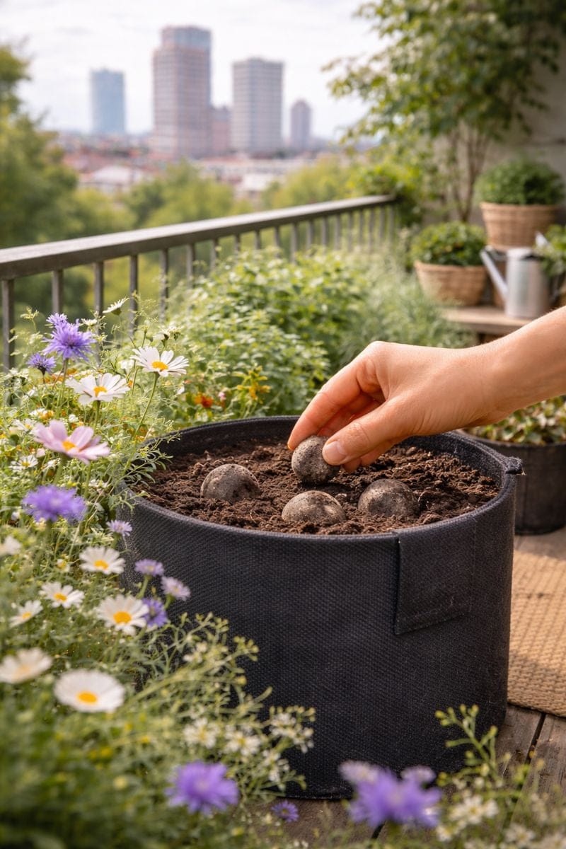 Main déposant des bombes à graines dans un pot sur un balcon, pour semer des fleurs mellifères en ville.