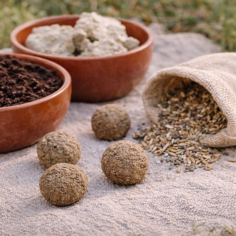 Bombes à graines naturelles avec argile, terre et mélange de graines, fabrication écologique. Image