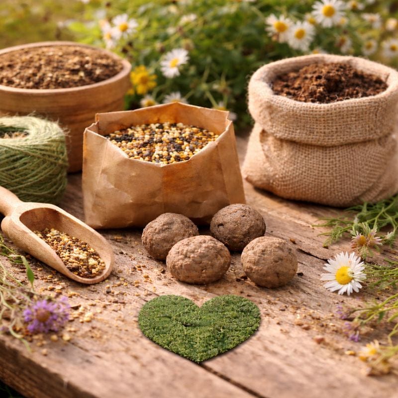 Bombes à graines naturelles avec mélange de graines, terre et argile, fabrication écologique et artisanale. Image
