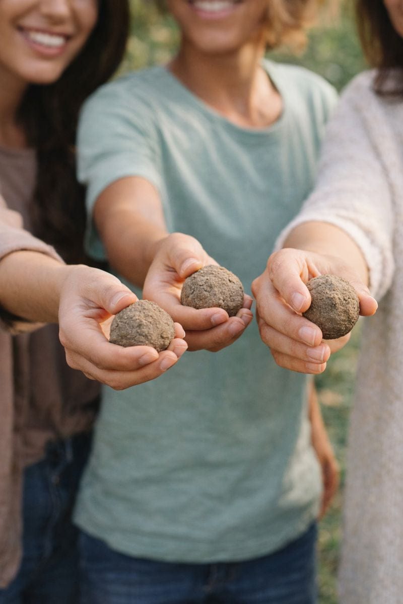 Trois personnes tenant des bombes à graines dans leurs mains, symbolisant le partage et le jardinage écologique.