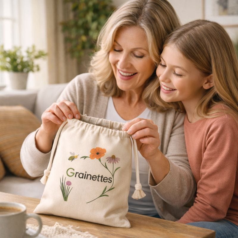 Mère et enfant découvrant un sac Grainettes rempli de graines, moment de partage et de transmission autour de la nature.
 Image