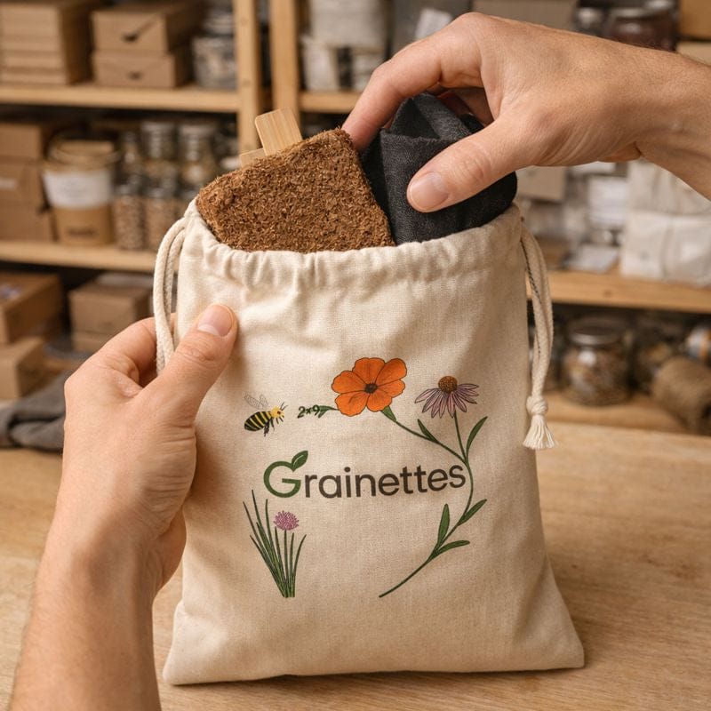 Kit de graines écologiques Grainettes dans un sachet en coton naturel, prêt à offrir.
 Image